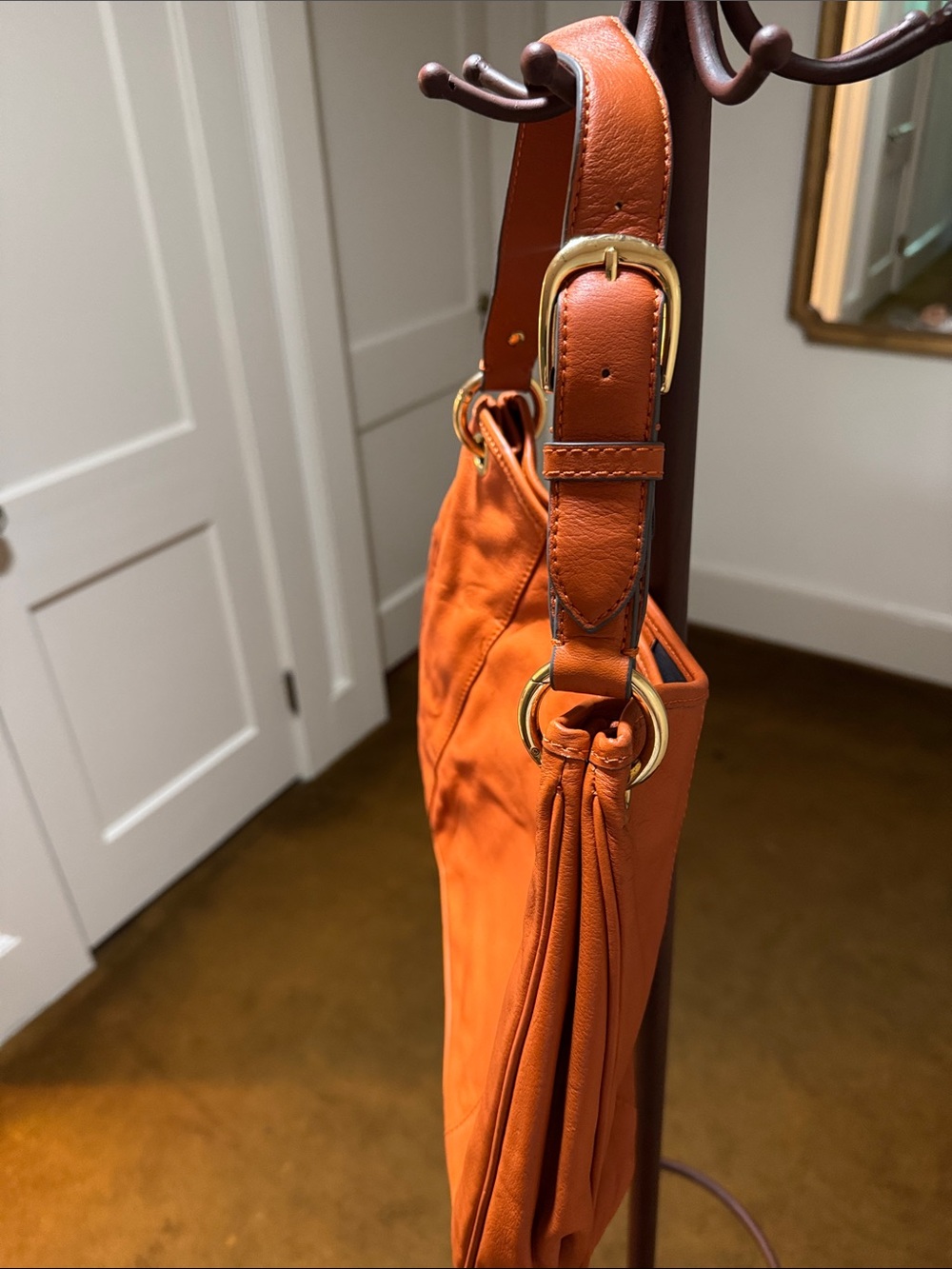 Burnt Orange Leather Shoulder Bag with Embossed Round Logo - Picture 12 of 12